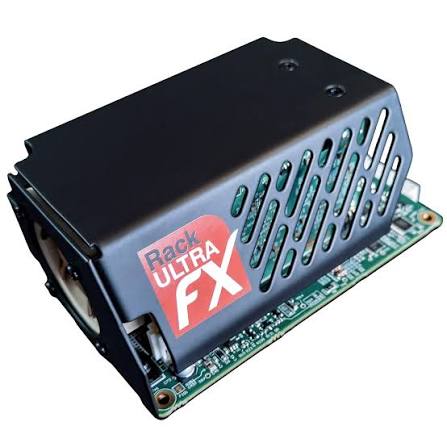블랙 색상의 전자 기기, Rack Ultra FX 로고가 있는 장치