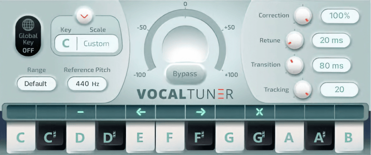 Vocal tuning 소프트웨어 인터페이스, 조정 및 범위 설정을 위한 다양한 컨트롤과 음표 표시가 포함되어 있음.
